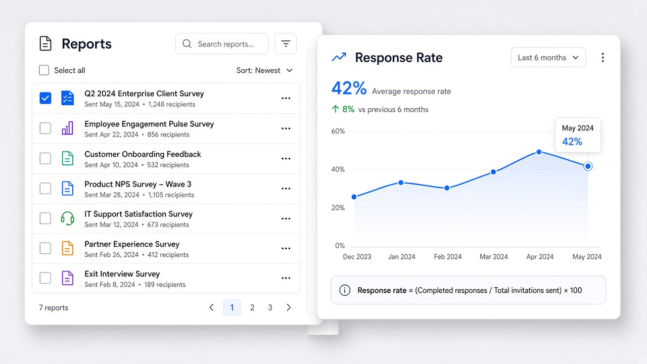 Synaptum reporting interface with report list and response rate chart